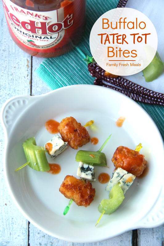 Three Buffalo Tater Tot Bites on a white plate