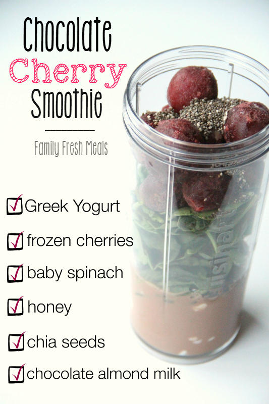 Chocolate Cherry Smoothie Ingredients in a blender cup