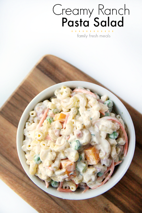 Creamy Ranch Pasta Salad in a small white bowl