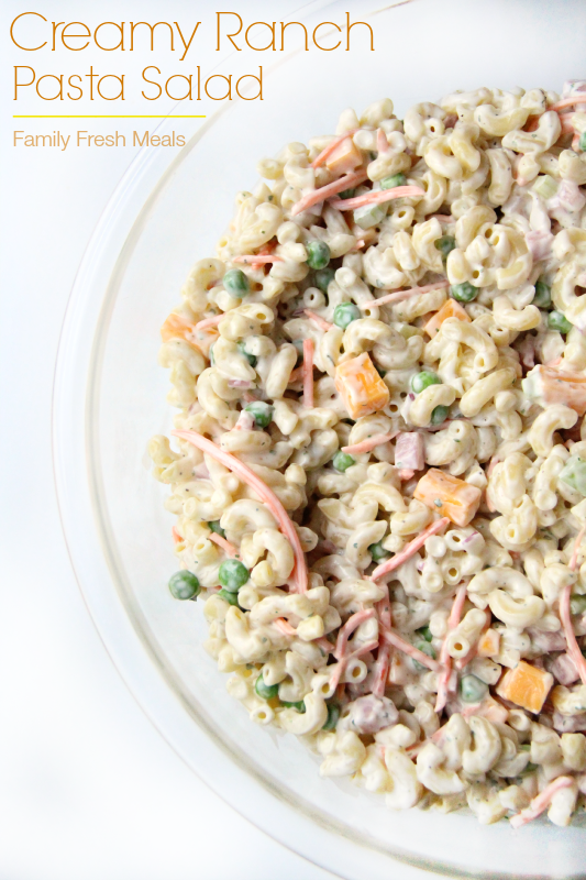 Creamy Ranch Pasta Salad in a large glass bowl