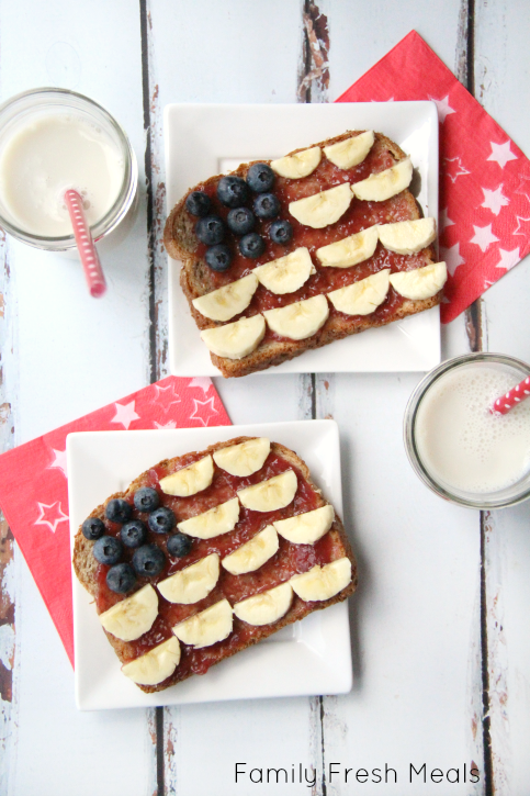 Two pieces of toast decorated to look like flags on white plates