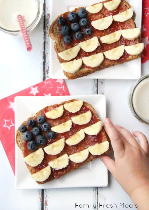 Two pieces of toast decorated to look like flags on white plates