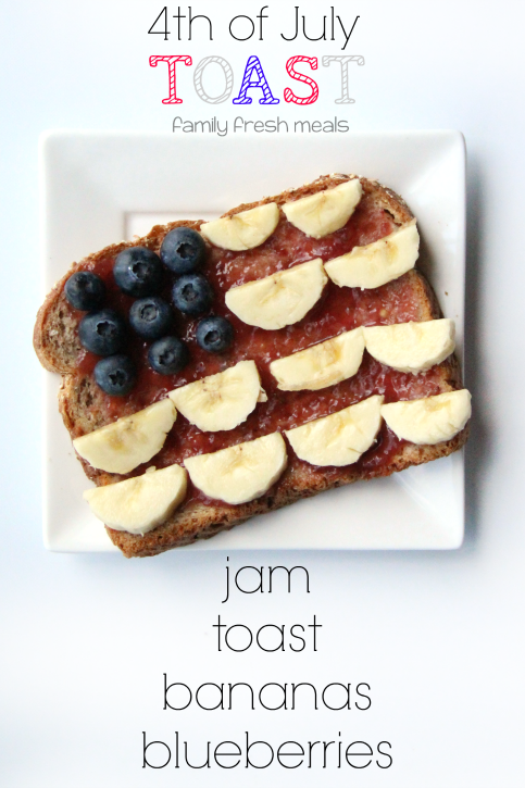 One piece of toast decorated to look like flags on a white plate.