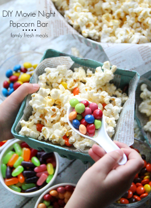 DIY Movie Night Popcorn Bar #movienight #snack #familysnack via @familyfresh