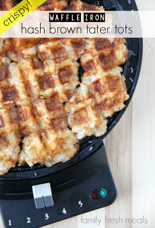 Waffle Iron Hash Brown Tater Tots in a waffle iron