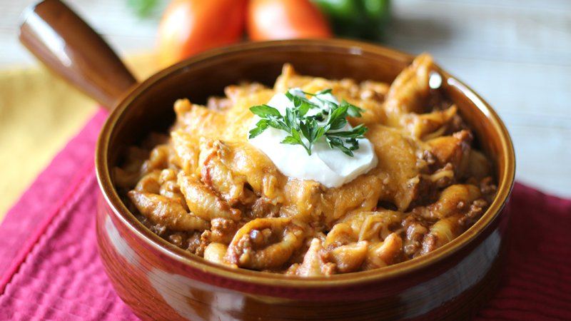 Slow-Cooker Taco Pasta served in a brown dish