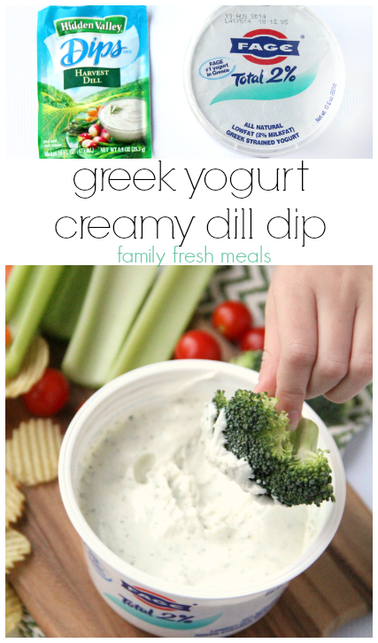 dipping a piece of broccoli in greek yogurt creamy dill dip