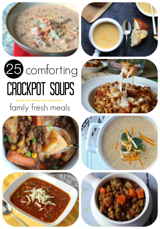 Collage image of 7 different soups and stews