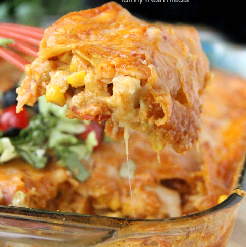 Cheesy Chicken Enchilada Casserole - FamilyFreshMeals.com - YUM! Favorite family meal!