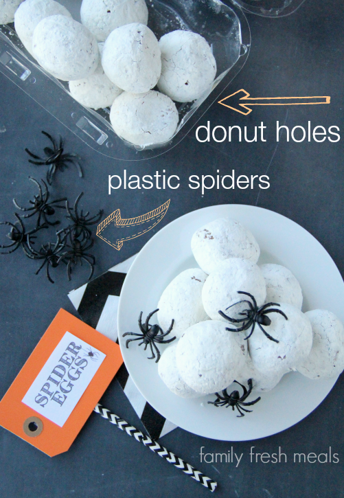  Donuts holes on a white plate with fake plastic spiders