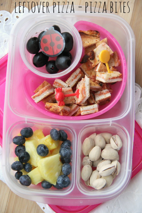 Pizza Bites packed in a lunchbox with pistachios and fruit