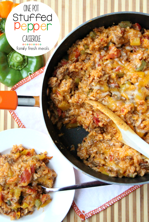 One Pot Stuffed Pepper Casserole in a pan with a serving on a plate next to it