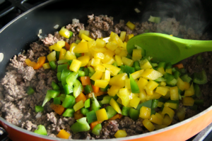 peppers added to the pan