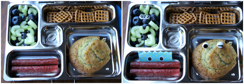 image of 2 metal lunchboxes packed with pretzels, muffin, been jerky, celery and blueberries