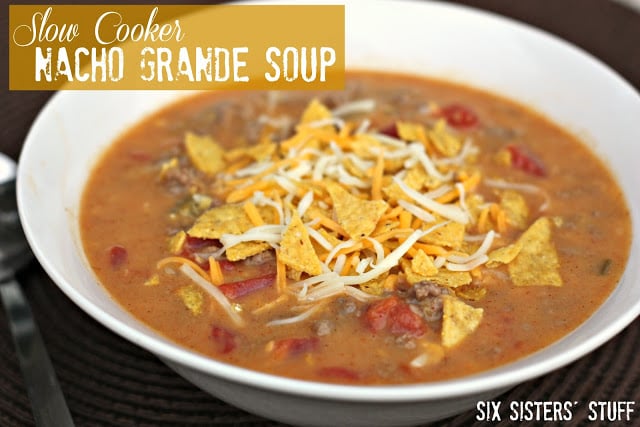 Nacho grande soup in a white bowl