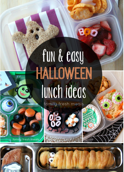 Collage image of 5 different Halloween themed lunchboxes