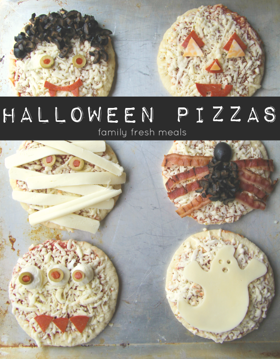 6 mini pizzas decorated in Halloween themes