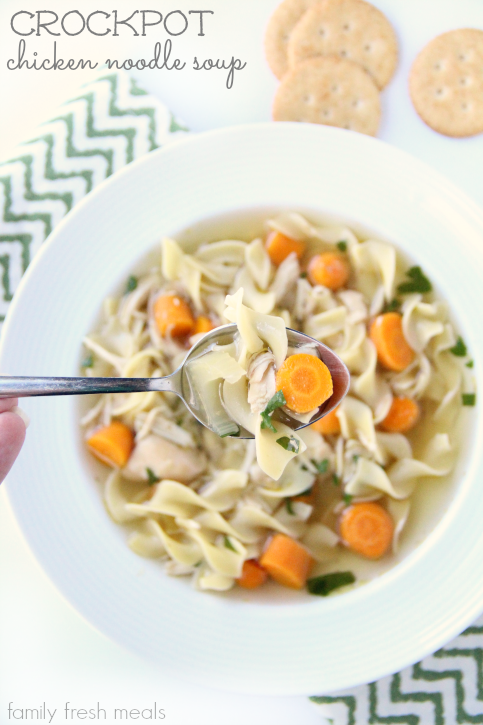 the best crockpot chicken noodle soup in a white bowl 