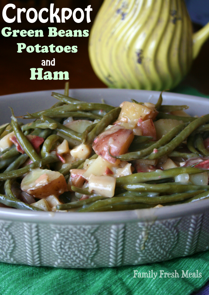 Crockpot Green Beans Potatoes and Ham served in a grey bowl