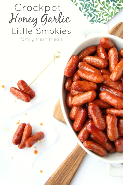 Crockpot Honey Garlic Little Smokies Sausages served in a white platter