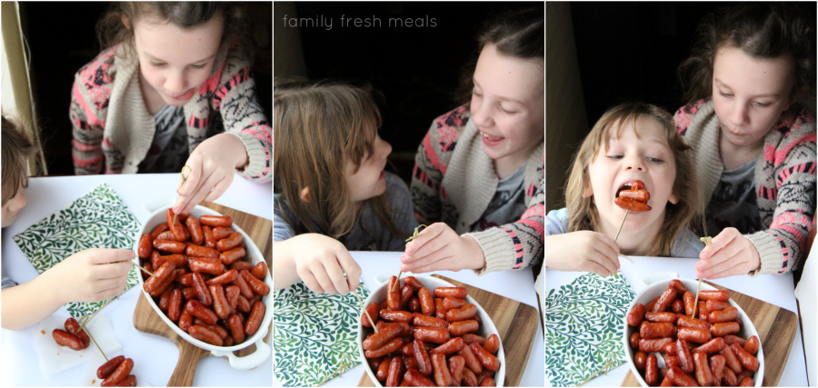 Three different images of 2 children eating the Crockpot Honey Garlic Little Smokies Sausages