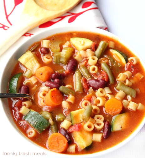 Crockpot minestrone soup in a white bowl