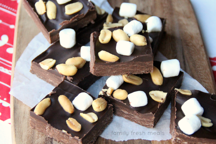 Rocky Road Fudge Bites stacked on a cutting board