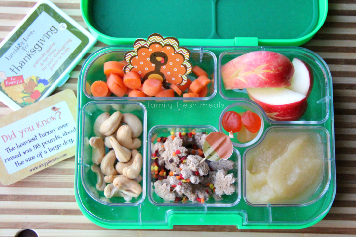 Lunch box with Carrots, apples, cashews, whole wheat bread cut into little leaves, topped with food sprinkles, apple sauce and a couple fruit snacks.