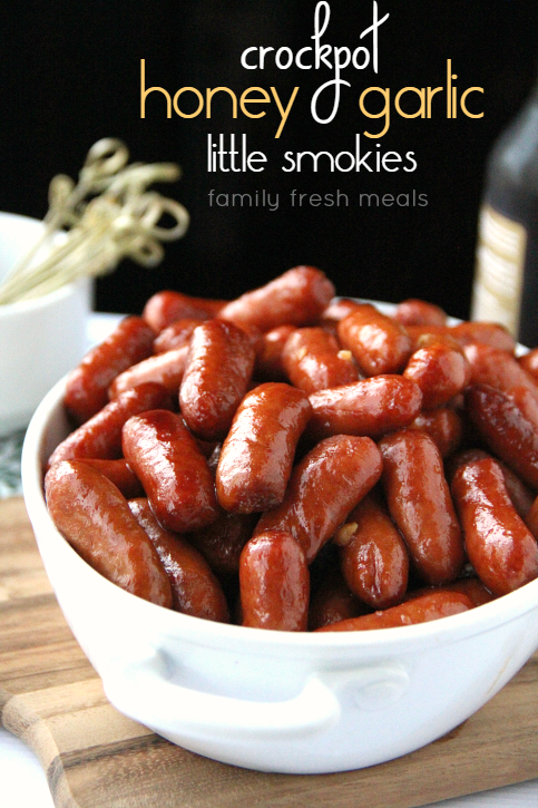 Crockpot Honey Garlic Little Smokies Sausages in a white bowl