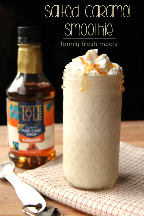 Salted Caramel Smoothie served in a glass with whipped cream and caramel