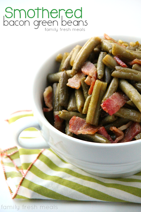 Smothered Bacon Green Bean Casserole in a white bowl