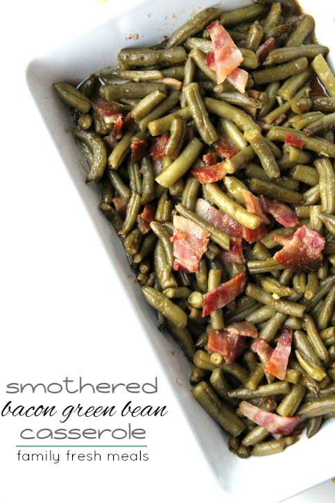 Smothered Bacon Green Bean Casserole served in a white dish