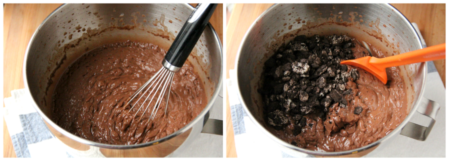 mixing pudding and cookie crumble in a mixing bowl