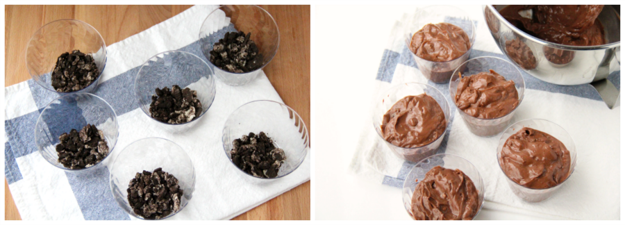 collage image showing cookie crumble in bottom of cups and pudding on placed on top of that