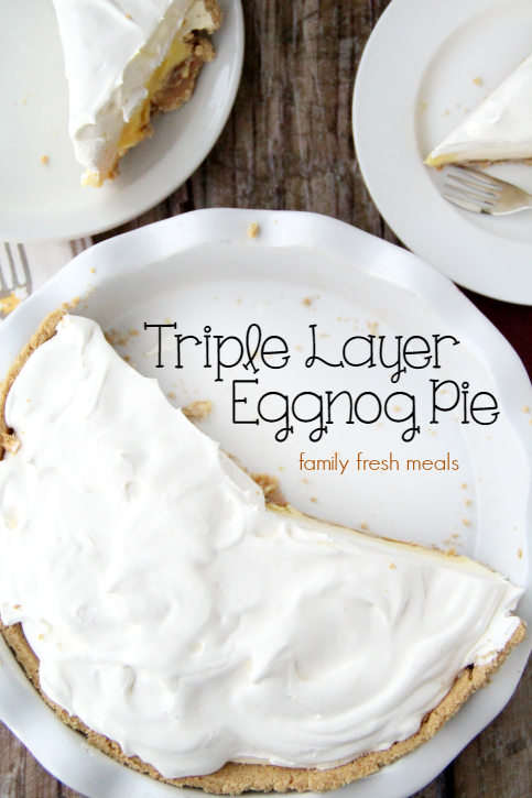 Triple Layer Eggnog Pie with a couple slices taken out