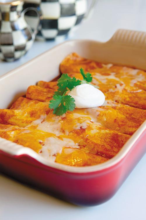 Turkey Cheese Enchiladas in a baking dish