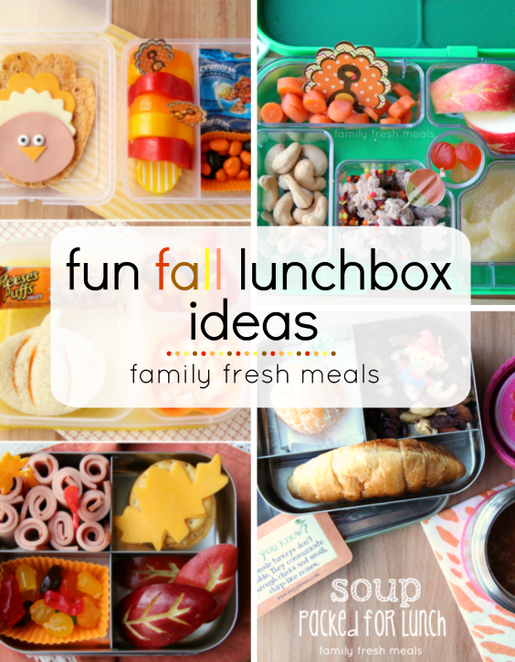 collage image of 5 different fall lunchbox ideas