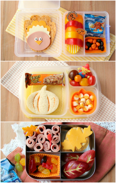 Collage image of 3 different fall lunchbox ideas