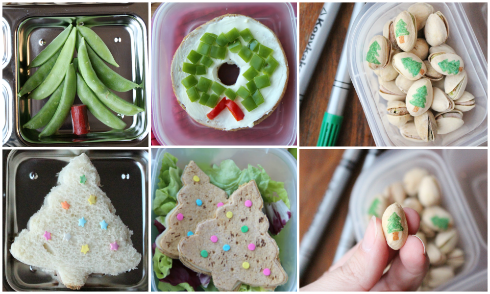 collage image showing 5 different Christmas tree food ideas for a lunchbox