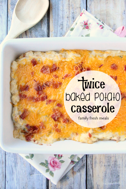 Easy Twice Baked Potato Casserole in a white baking dish