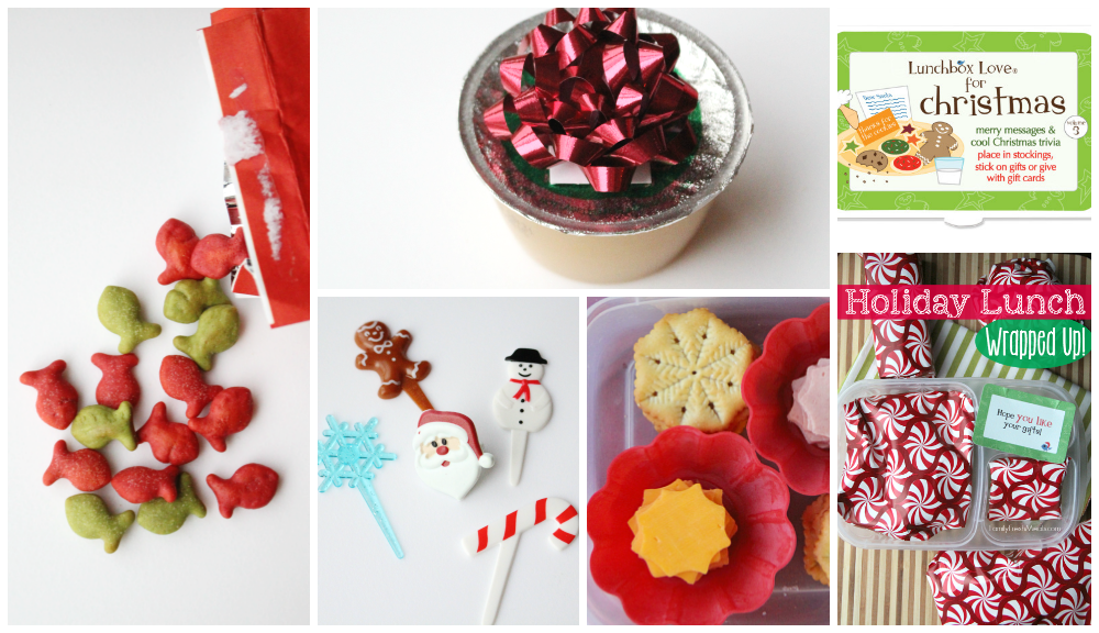 Collage image of 6 different holiday lunchbox ideas
