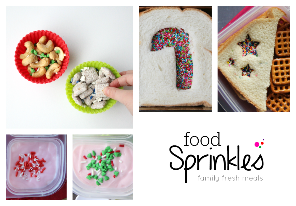 Collage image showing 5 different ways to use food sprinkle in a lunchbox