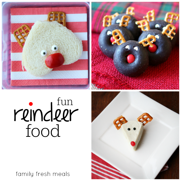 collage image showing 3 different reindeer shaped food ideas for lunchbox