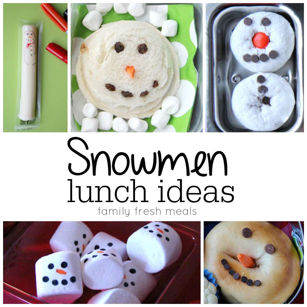 collage image of 5 different snowmen lunch box ideas