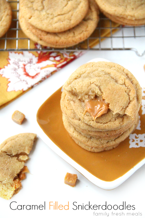 Stack of Soft and Chewy Caramel Filled Snickerdoodle Cookies on a plate