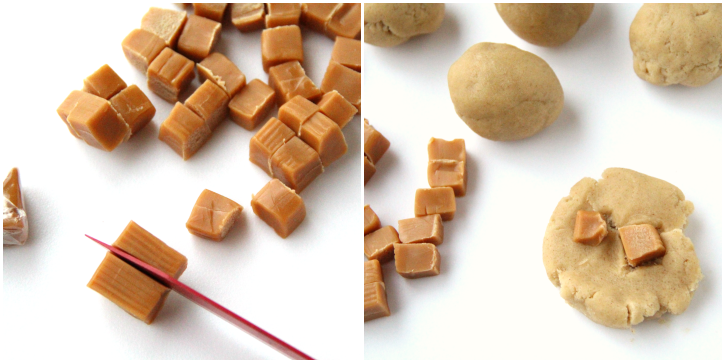 collage image showing caramels being cut and then placed inside cookie dough