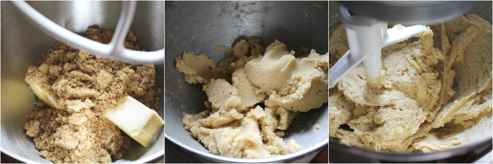 collage of 3 images showing cookie dough being mixed in a stand mixer