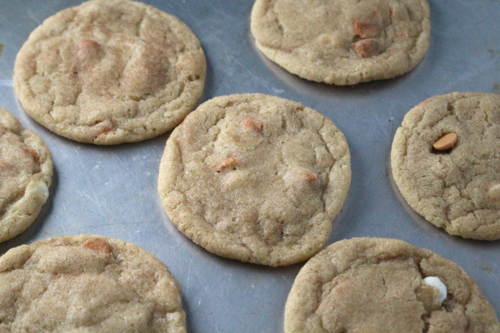 Soft and Chewy Double Chip Snickerdoodle Cookies on a baking sheet