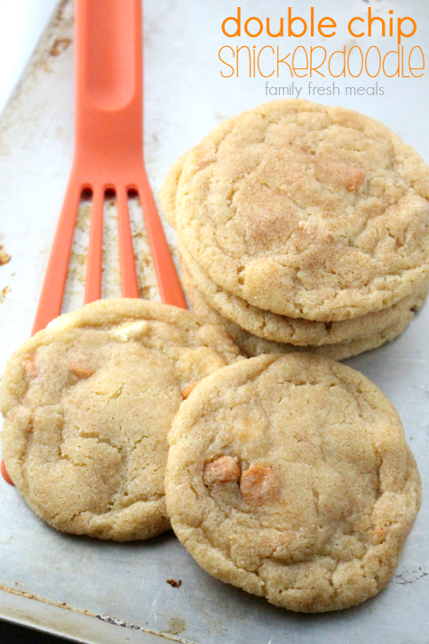 Soft and Chewy Double Chip Snickerdoodle Cookies on a baking sheet