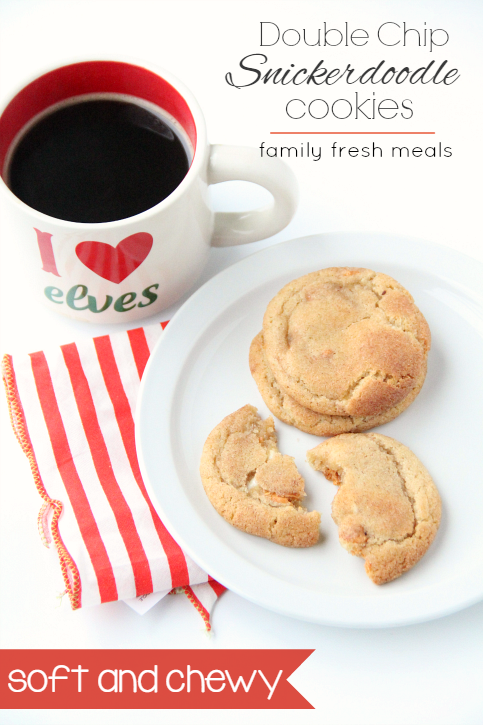 These Soft and Chewy Double Chip Snickerdoodle Cookies are THE BEST cookies. The combo of white chocolate and butterscotch in a snickerdoodle is amazing! via @familyfresh